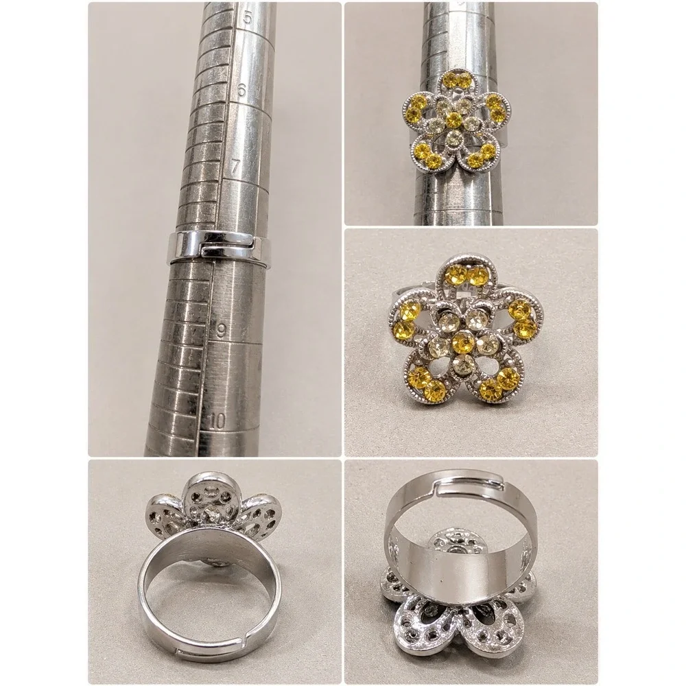 Silver Tone Yellow Champagne Stone Flower Ring Adjustable Floral Band